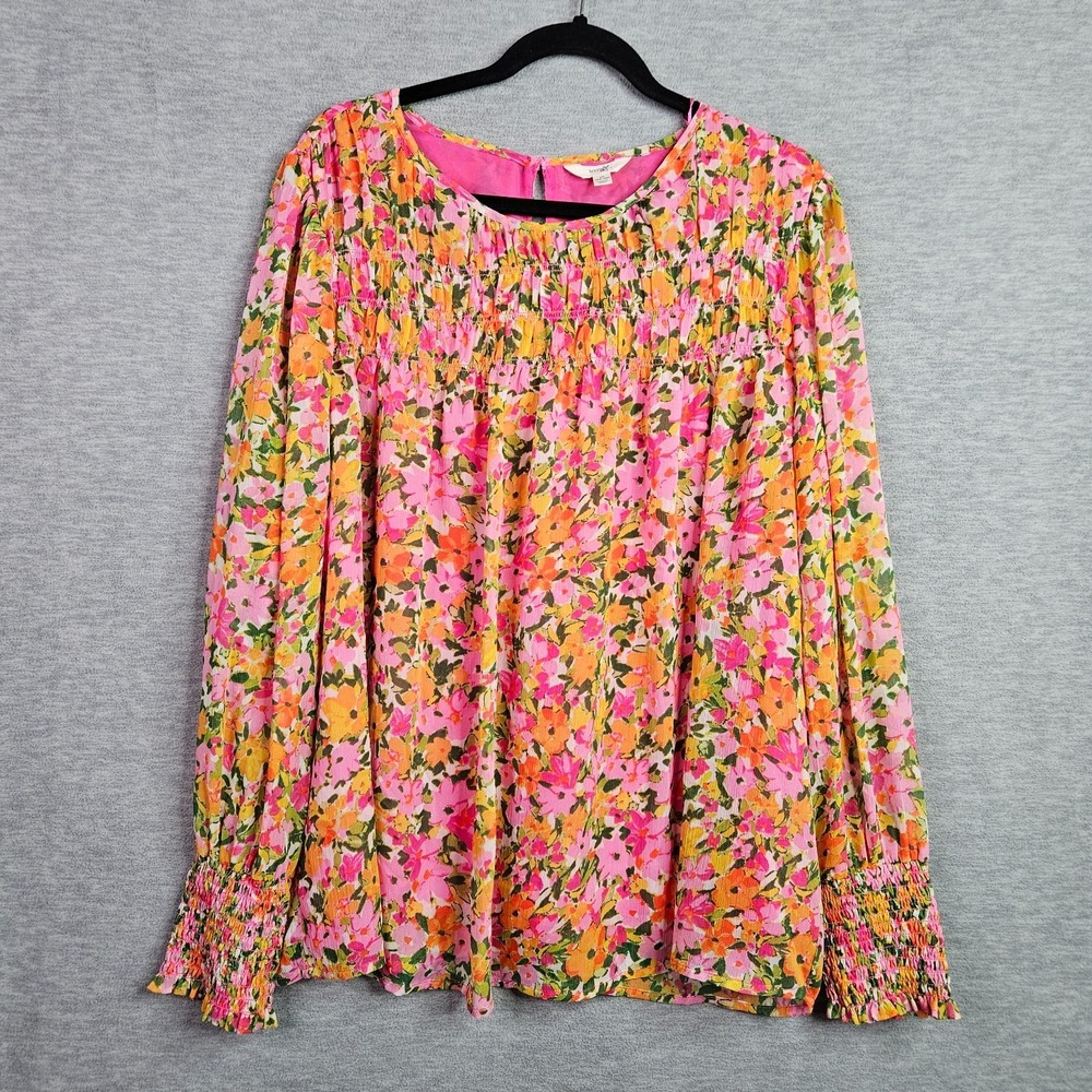 Terra Sky Plus Size 1X Floral Peasant Blouse Pink Orange Smocked Boho Top